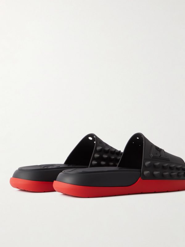 Take It Easy Logo-Embossed Cutout Spiked Rubber Slides - BK Take It Easy Logo-Embossed Cutout Spiked Rubber Slides - BK
