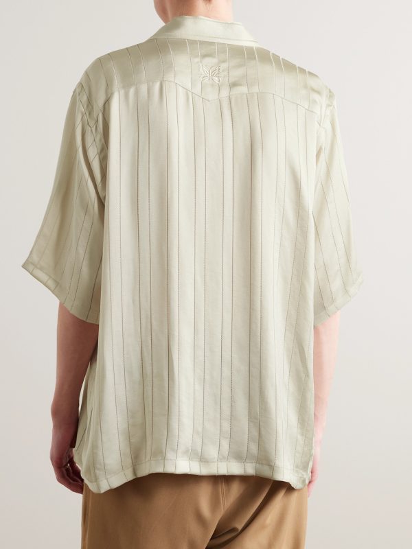 Camp-Collar Logo-Embroidered Striped Georgette Western Shirt - BK