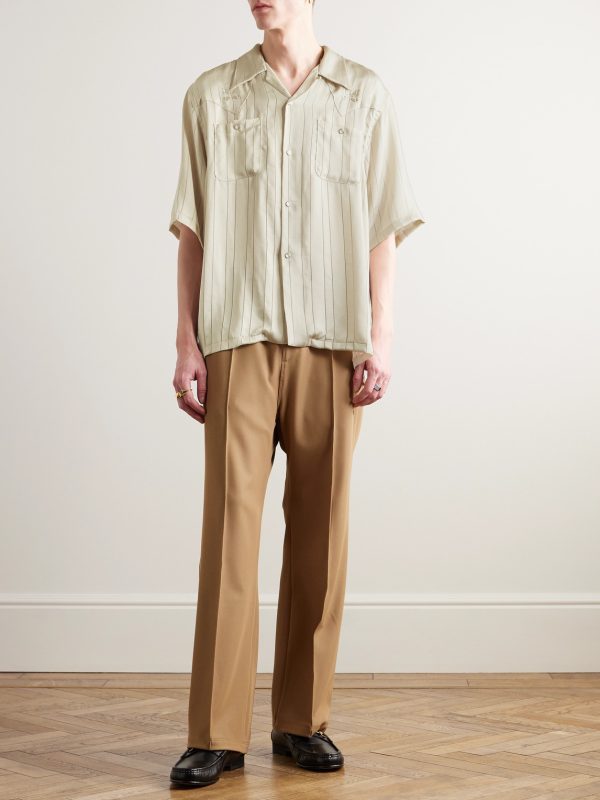 Camp-Collar Logo-Embroidered Striped Georgette Western Shirt - OU