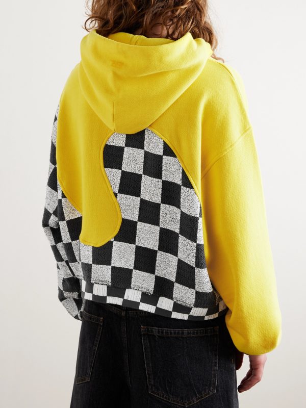 Panelled Checkerboard Cotton-Jersey Hoodie - BK Panelled Checkerboard Cotton-Jersey Hoodie - BK