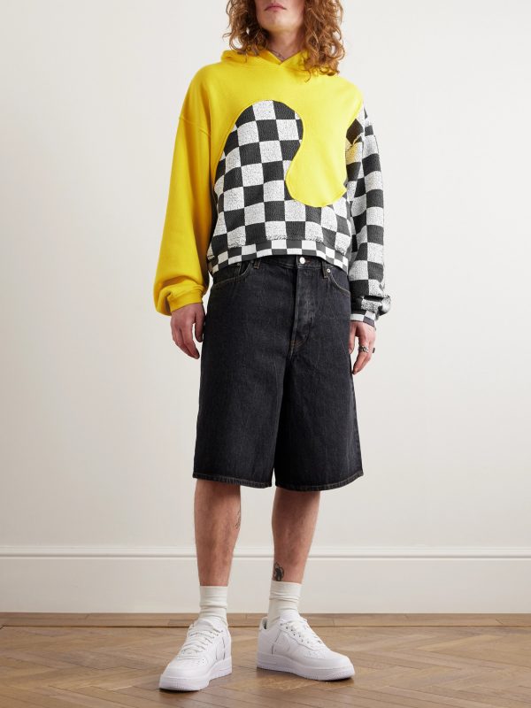 Panelled Checkerboard Cotton-Jersey Hoodie - OU Panelled Checkerboard Cotton-Jersey Hoodie - OU