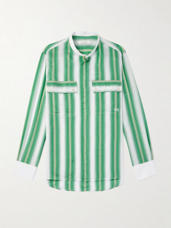 Cadence Grandad-Collar Poplin-Trimmed Striped Woven Shirt Cadence Grandad-Collar Poplin-Trimmed Striped Woven Shirt
