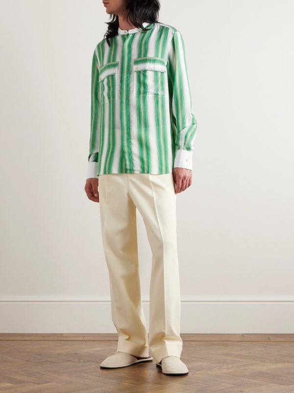 Cadence Grandad-Collar Poplin-Trimmed Striped Woven Shirt - OU Cadence Grandad-Collar Poplin-Trimmed Striped Woven Shirt - OU