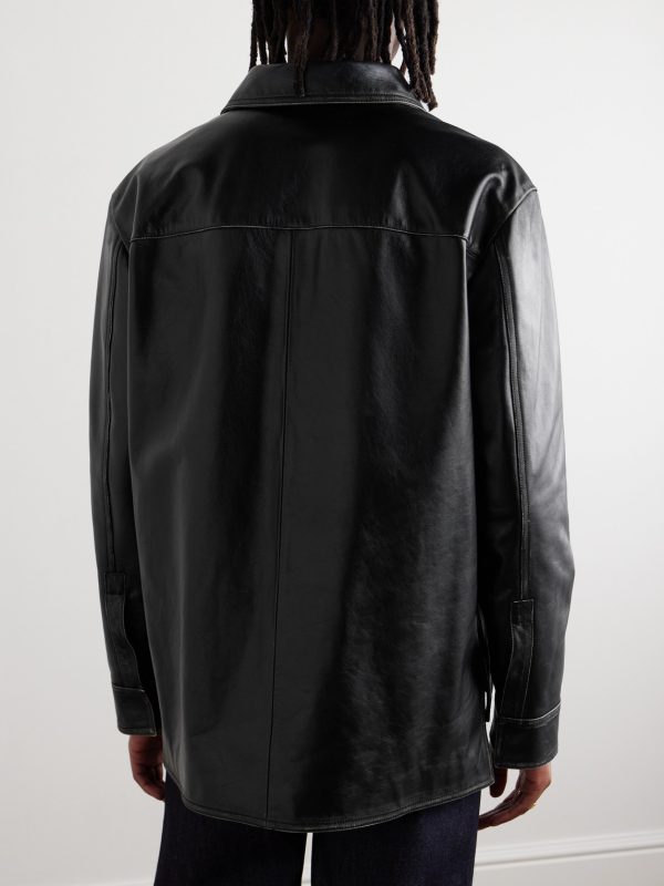 Logo-Embossed Distressed Leather Jacket - BK