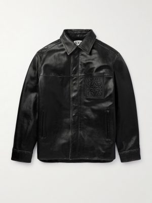 Logo-Embossed Distressed Leather Jacket