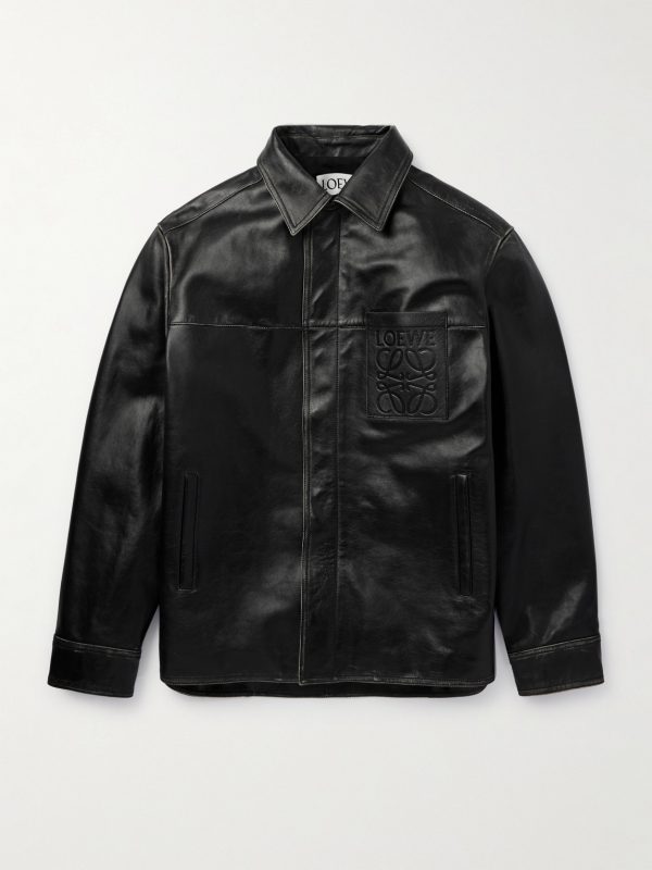 Logo-Embossed Distressed Leather Jacket