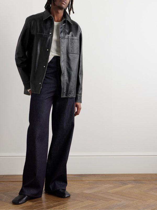 Logo-Embossed Distressed Leather Jacket - OU