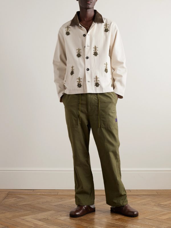 Corduroy-Trimmed Embroidered Cotton-Twill Jacket - OU Corduroy-Trimmed Embroidered Cotton-Twill Jacket - OU