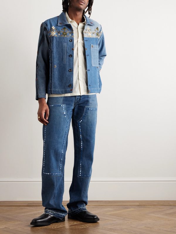 Straight-Leg Patchwork Embellished Upcycled Jeans - OU