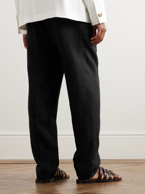 Straight-Leg Pleated Linen-Twill Drawstring Trousers - BK Straight-Leg Pleated Linen-Twill Drawstring Trousers - BK