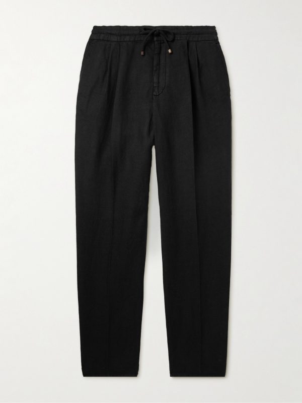 Straight-Leg Pleated Linen-Twill Drawstring Trousers Straight-Leg Pleated Linen-Twill Drawstring Trousers
