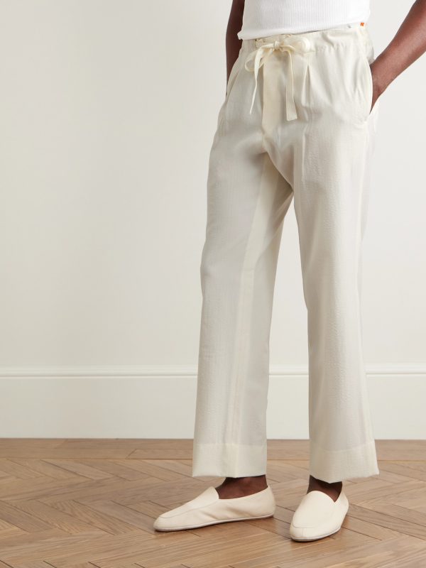 Straight-Leg Pleated Wool-Seersucker Drawstring Trousers - FR Straight-Leg Pleated Wool-Seersucker Drawstring Trousers - FR