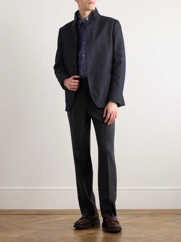 Spagna Leather-Trimmed Cotton and Cashmere-Blend Denim Jacket - OU Spagna Leather-Trimmed Cotton and Cashmere-Blend Denim Jacket - OU