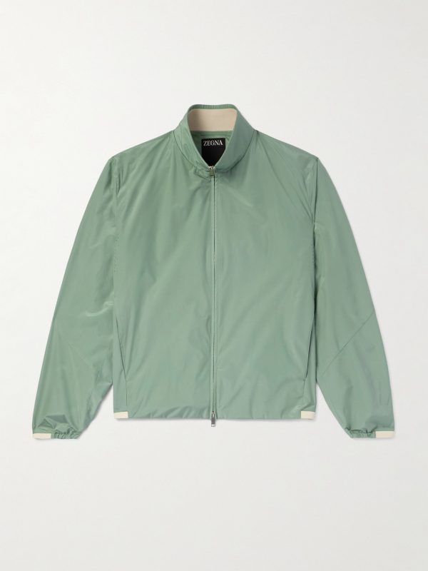 Leather-Trimmed Silk Bomber Jacket Leather-Trimmed Silk Bomber Jacket