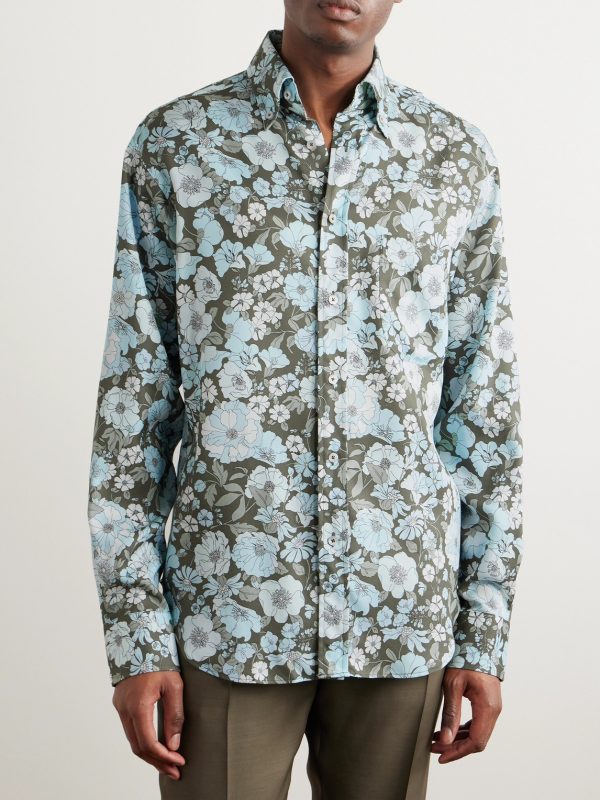 Button-Down Collar Floral-Print Lyocell Shirt - FR