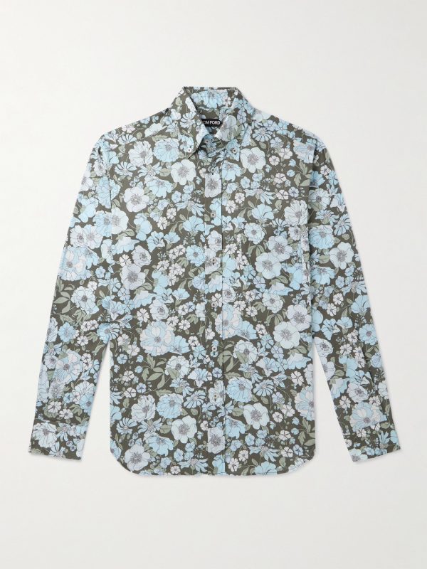 Button-Down Collar Floral-Print Lyocell Shirt