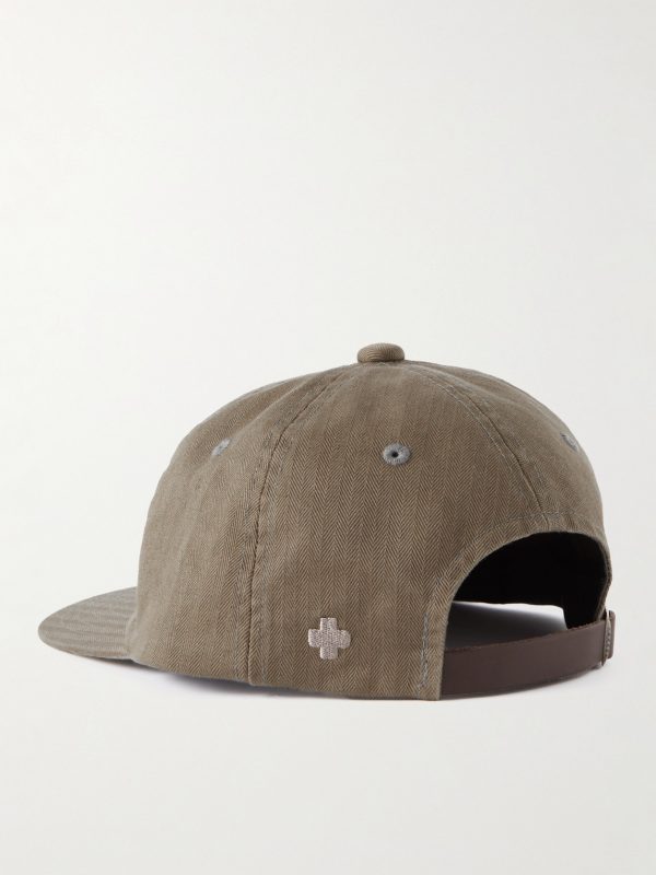 Leather-Trimmed Herringbone Cotton Cap - BK