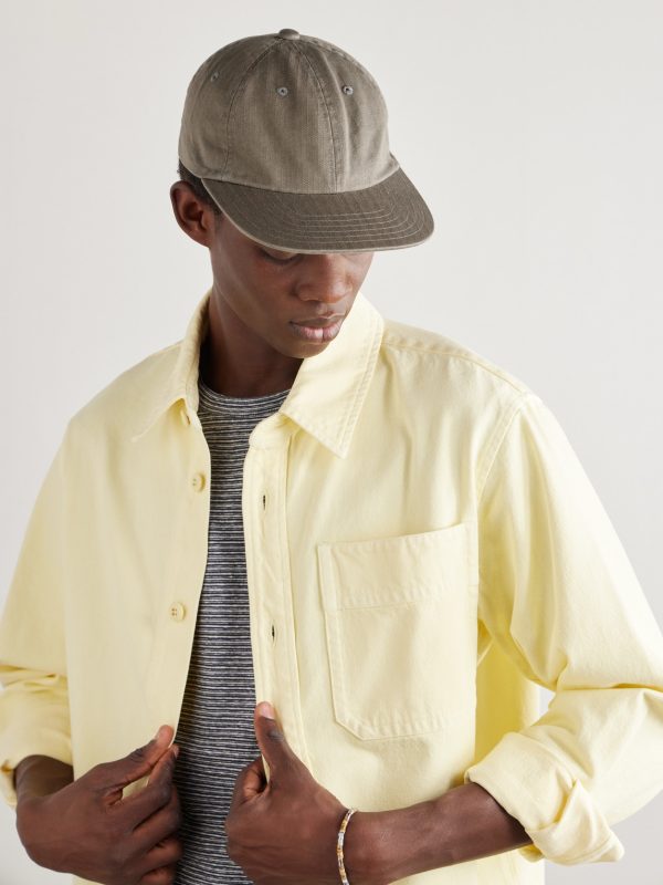 Leather-Trimmed Herringbone Cotton Cap - OU