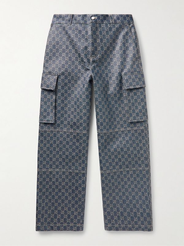 Straight-Leg Logo-Jacquard Coated Cargo Jeans