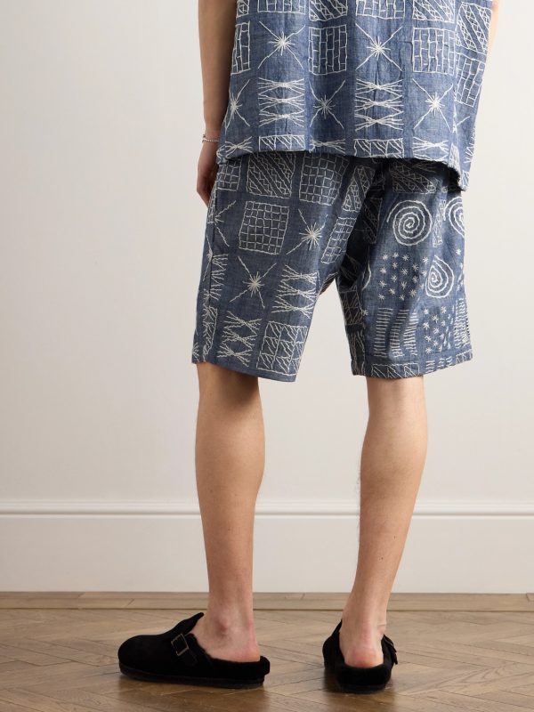 Wide-Leg Pleated Embroidered Cotton-Chambray Drawstring Shorts - BK Wide-Leg Pleated Embroidered Cotton-Chambray Drawstring Shorts - BK