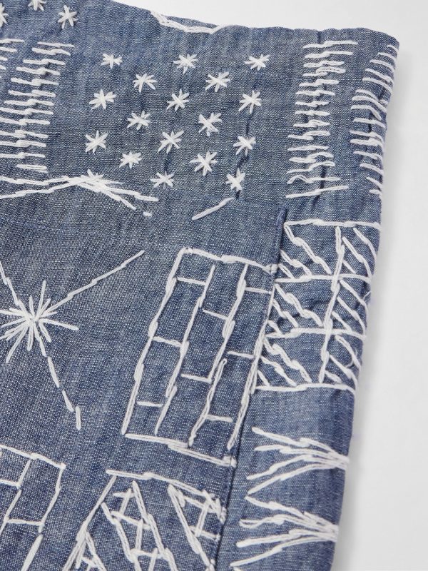 Wide-Leg Pleated Embroidered Cotton-Chambray Drawstring Shorts - CU Wide-Leg Pleated Embroidered Cotton-Chambray Drawstring Shorts - CU