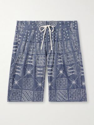 Wide-Leg Pleated Embroidered Cotton-Chambray Drawstring Shorts Wide-Leg Pleated Embroidered Cotton-Chambray Drawstring Shorts