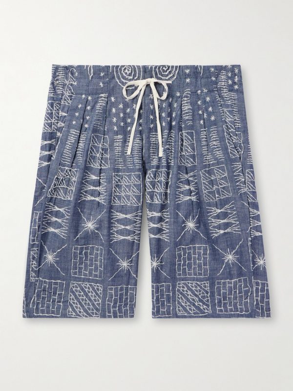 Wide-Leg Pleated Embroidered Cotton-Chambray Drawstring Shorts Wide-Leg Pleated Embroidered Cotton-Chambray Drawstring Shorts