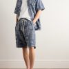 Wide-Leg Pleated Embroidered Cotton-Chambray Drawstring Shorts - OU Wide-Leg Pleated Embroidered Cotton-Chambray Drawstring Shorts - OU