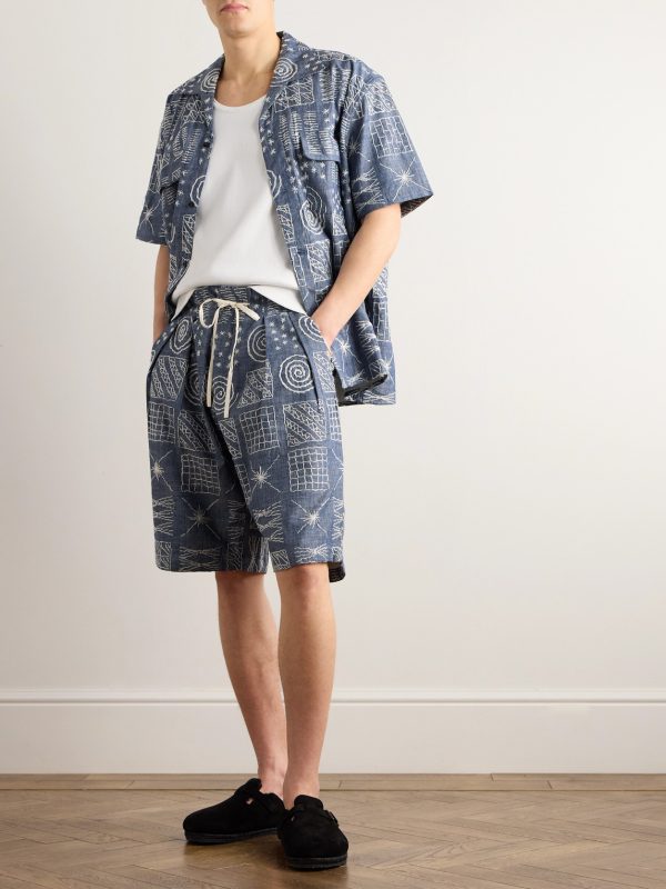 Wide-Leg Pleated Embroidered Cotton-Chambray Drawstring Shorts - OU Wide-Leg Pleated Embroidered Cotton-Chambray Drawstring Shorts - OU