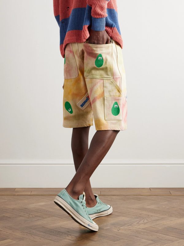 Straight-Leg Embroidered Appliquéd Tie-Dyed Denim Shorts - BK