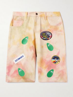 Straight-Leg Embroidered Appliquéd Tie-Dyed Denim Shorts