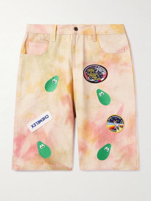 Straight-Leg Embroidered Appliquéd Tie-Dyed Denim Shorts