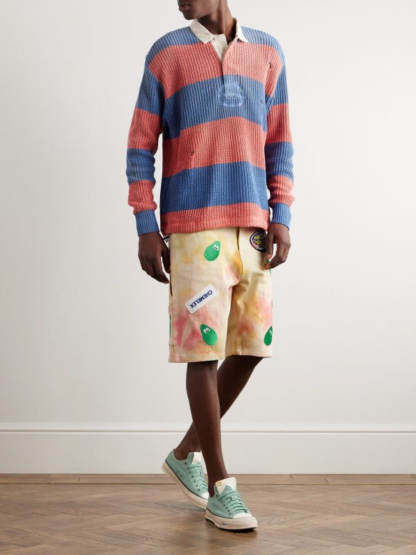 Straight-Leg Embroidered Appliquéd Tie-Dyed Denim Shorts - OU