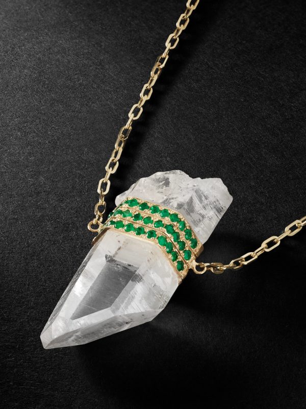 Triple Bar Gold, Crystal Quartz and Emerald Necklace - CU Triple Bar Gold, Crystal Quartz and Emerald Necklace - CU