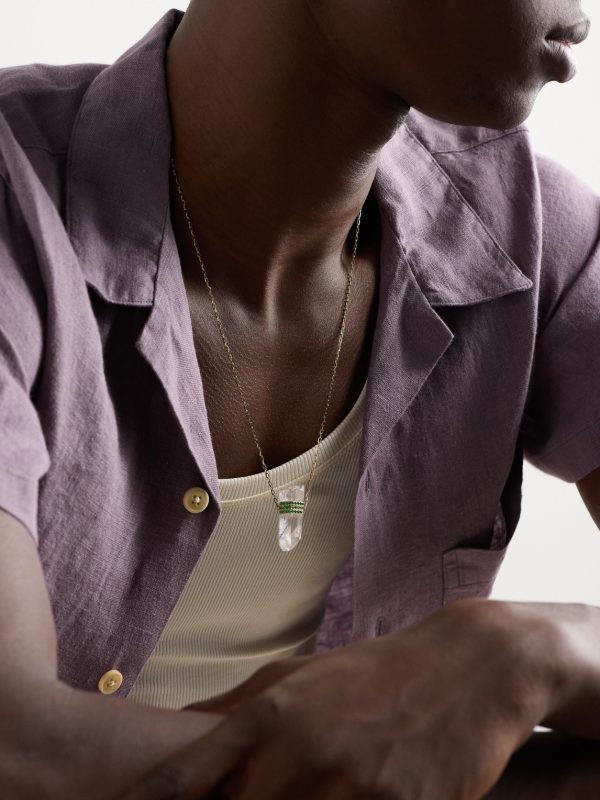 Triple Bar Gold, Crystal Quartz and Emerald Necklace - FR Triple Bar Gold, Crystal Quartz and Emerald Necklace - FR