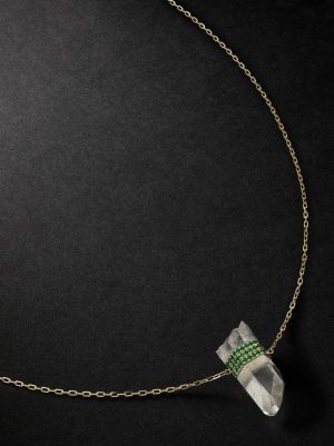 Triple Bar Gold, Crystal Quartz and Emerald Necklace