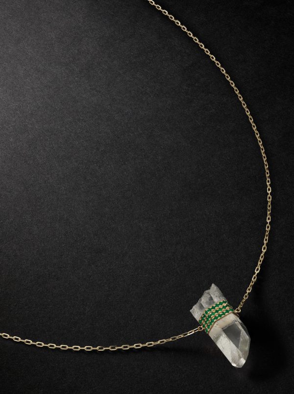 Triple Bar Gold, Crystal Quartz and Emerald Necklace Triple Bar Gold, Crystal Quartz and Emerald Necklace
