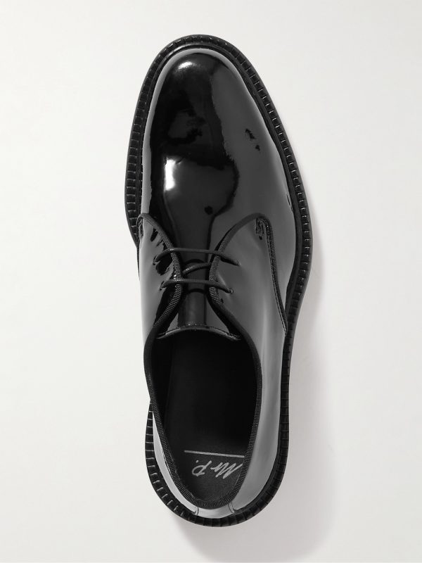 Grosgrain-Trimmed Patent-Leather Derby Shoes - E2 Grosgrain-Trimmed Patent-Leather Derby Shoes - E2