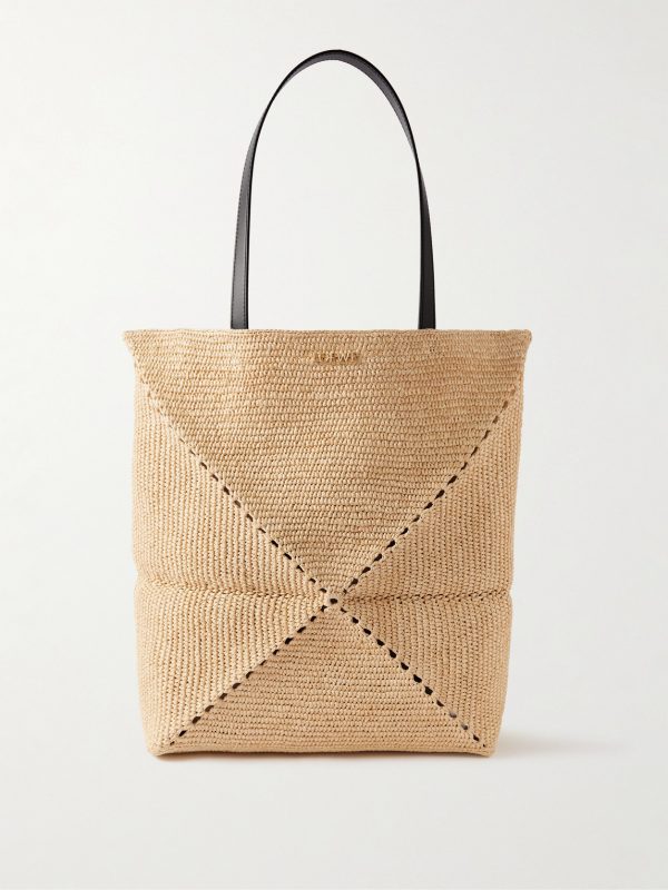 + Paula’s Ibiza Puzzle Fold Large Leather-Trimmed Raffia Tote Bag