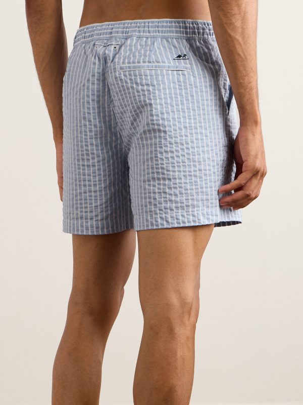 Straight-Leg Mid-Length Striped Seersucker Swim Shorts - BK