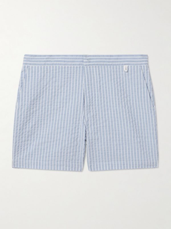Straight-Leg Mid-Length Striped Seersucker Swim Shorts