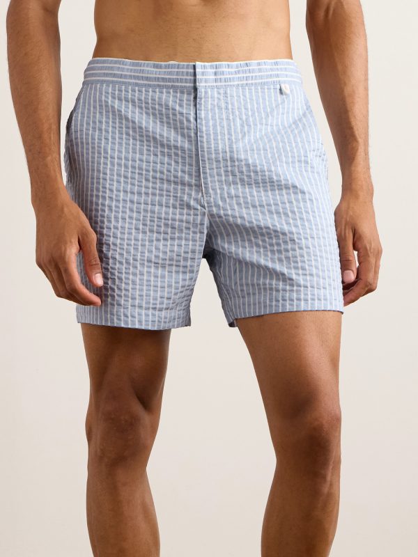 Straight-Leg Mid-Length Striped Seersucker Swim Shorts - OU