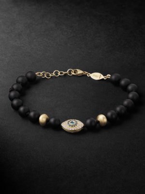 14-Karat Gold, Hematite and Diamond Beaded Bracelet 14-Karat Gold, Hematite and Diamond Beaded Bracelet