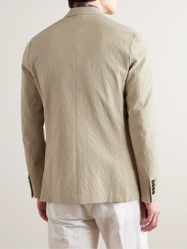 Double-Breasted Cotton-Blend Seersucker Blazer - BK Double-Breasted Cotton-Blend Seersucker Blazer - BK