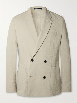 Double-Breasted Cotton-Blend Seersucker Blazer