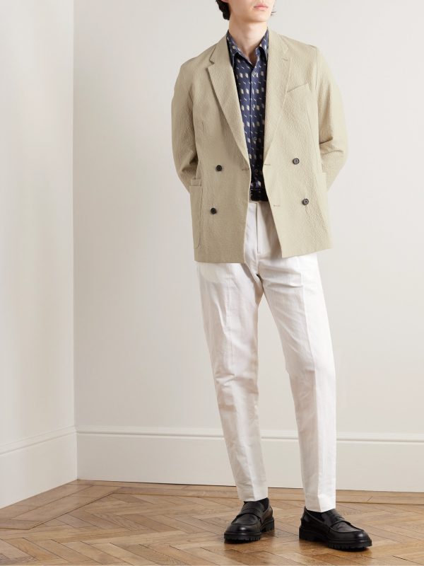 Double-Breasted Cotton-Blend Seersucker Blazer - OU Double-Breasted Cotton-Blend Seersucker Blazer - OU