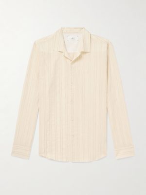 Camp-Collar Embroidered Striped Cotton and Linen-Blend Shirt