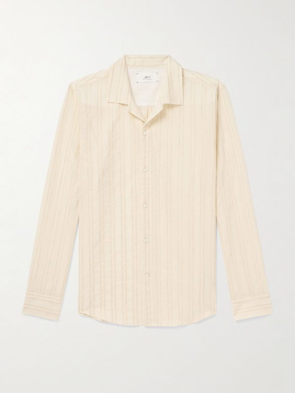 Camp-Collar Embroidered Striped Cotton and Linen-Blend Shirt Camp-Collar Embroidered Striped Cotton and Linen-Blend Shirt