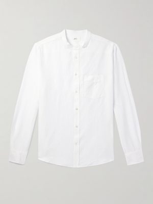 Grandad-Collar Organic Cotton and Linen-Blend Seersucker Shirt