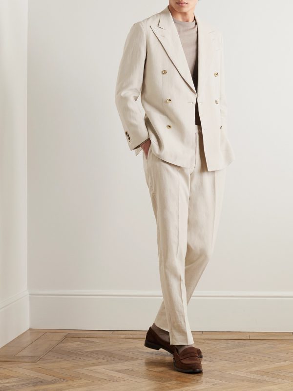 Slim-Fit Unstructured Double-Breasted Linen Suit Jacket - OU Slim-Fit Unstructured Double-Breasted Linen Suit Jacket - OU